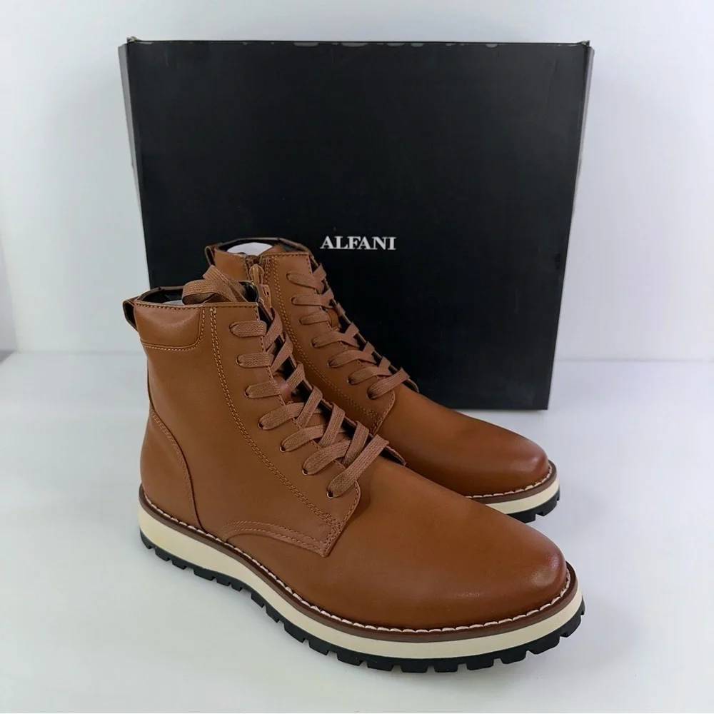 Alfani Men's Andres Lace Up Ankle Boot Leather Tan Size 8.5M